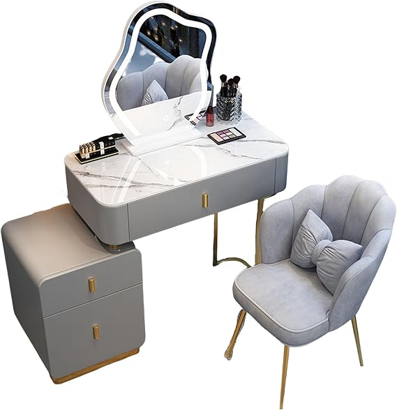 Vanity Table Sets with LED Mirror and Sideboard with Drawers, 3 Color Touch Screen Dimming Mirror, Dressing Table for Makeup Room and Bedroom with Stool,Black and Gold-80cm