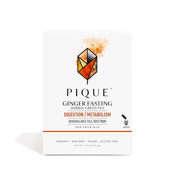 Pique Organic Ginger Fasting Tea Crystals - Digestive Support, Healthy Metabolism, Caffeinated Green Tea for Energy - 28 Single Serve Sticks (Pack of 1)