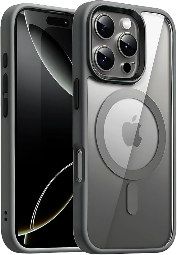 Minesk iPhone 15 Pro Max için SUPER-CRYSTAL Magsafe ile Uyumlu Kılıf Arkası Kristal Berraklığında Cam Görünüm Kenarları Darbe Emici Silikon Hybrid Kılıf (Titanyum Gri, 15 Pro Max)