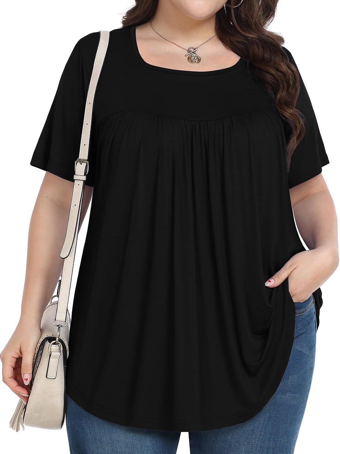 Plus Size Tops for Women Summer 2025 Short Sleeve Shirts Tunics Square Neck Casual Loose Blouses 1X-5X
