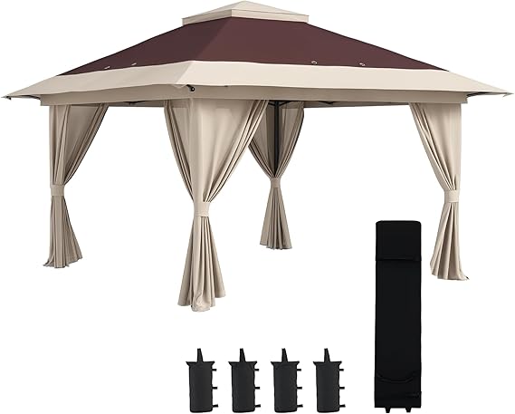 Outsunny 13' x 13' Pop Up Gazebo with Netting, UPF 50+, Brown