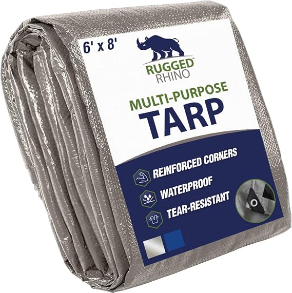 RUGGED RHINO Heavy Duty Waterproof Tarp, Reinforced Corners 1 Pk 6x8 Silver