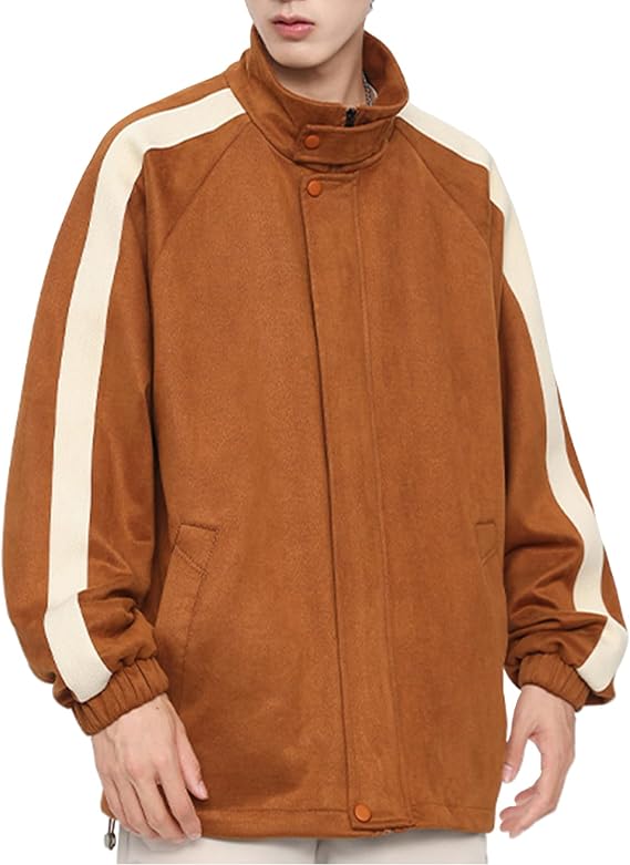 Mens Suede Bomber Jacket, Heavyweight Baseball Workwear Coat with Zip Pockets, Aviator Jacket for Men Fall Winter