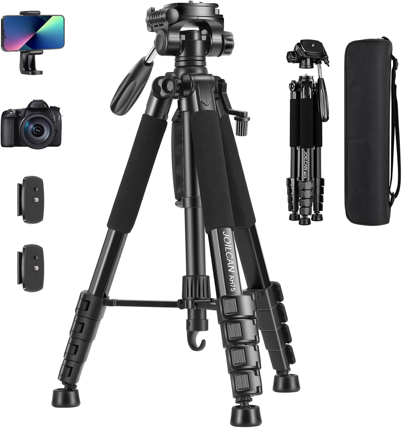 JOILCAN 74"188cm Camera Tripod, Aluminum Outdoor Lightweight Camera Tripod Stand for DSLRCanonNikonVideo Photography, Compact Travel Tripods with Phone Holder & Carry Bag, Up to 14LB, Black