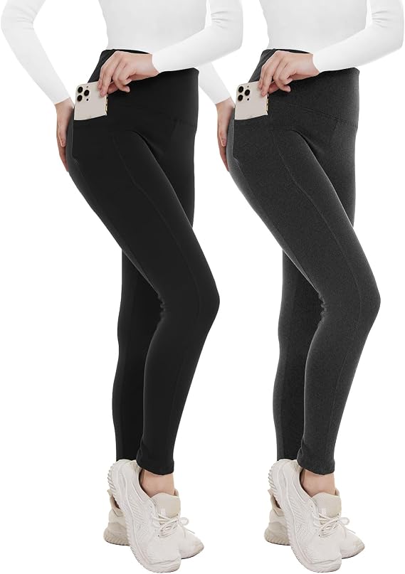 2 Pack Fleece Lined Leggings for Women - Thermal Winter Warm Tights Tummy Control High Waisted Workout Yoga Pants
