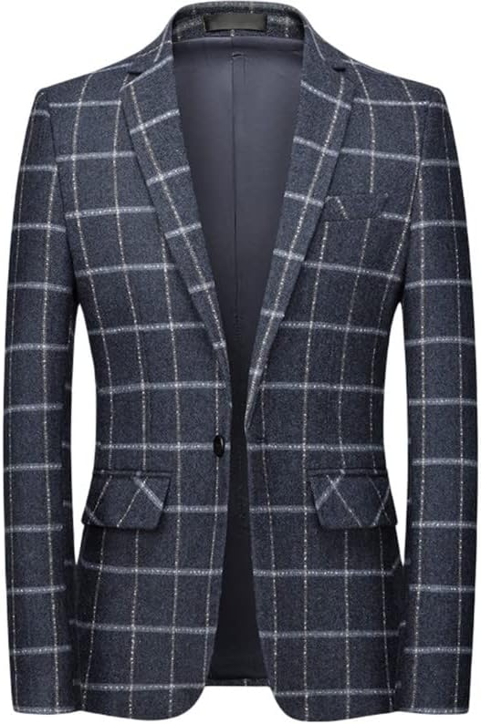Mens Blazers Plaid Suit Jacket Casual Notched Lapel One Button Sport Coat