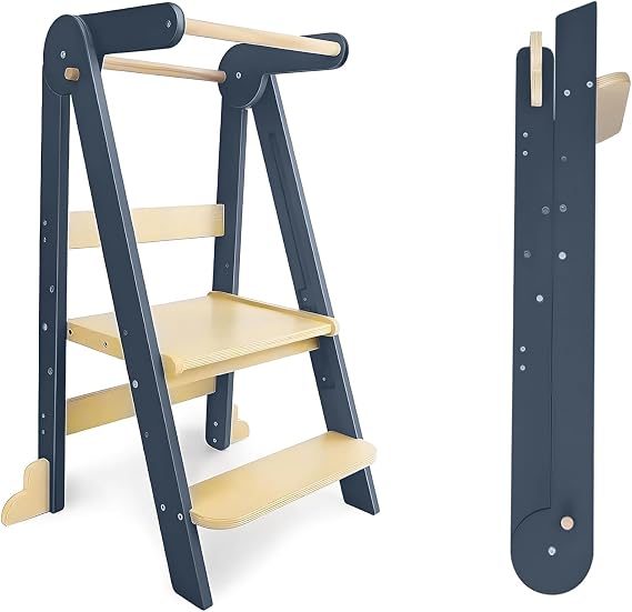 Foldable Toddler Kitchen Tower, Little Partners Learning Tower, Wood Toddler Kitchen Stool Helper Standing Tower, Kids Learning Stool for Kitchen Counter Bathroom Grey