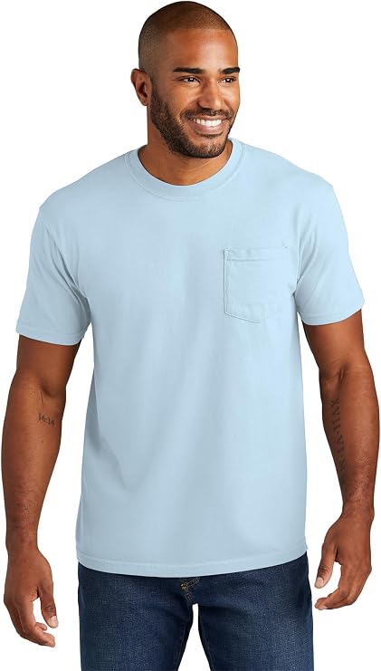 Comfort Colors Men's Adult Short Sleeve Pocket Tee, Style 6030 (Medium, Chalky Blue)