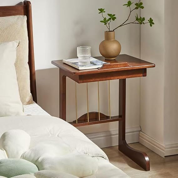 Rectangular Solid Wood C Shaped End Table, Vintage Sofa Side Table with Curved Legs,Couch Side Table with Adjustable Desktop for Living Room, Bedroom,Walnut