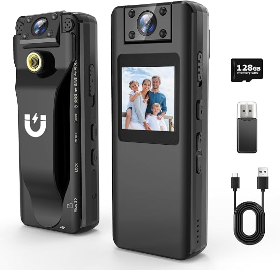 Body Camera with Audio and Video Recording, 128GB Mini Body Cam with 180 Rotating Lens, 10HR Battery & Night Vision, HD 1080P Wearable Bodycam for Law Enforcement, Hiking and Outdoor Sports