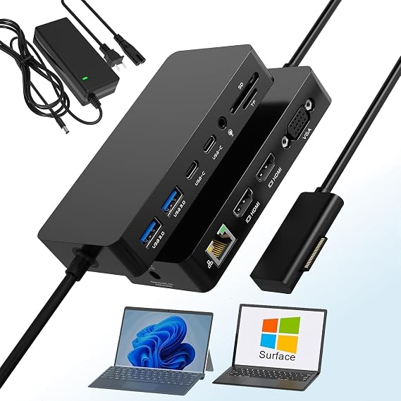 Dual HDMI+VGA Dock Works with Microsoft Surface Devices - 12-in-1 Triple Display Microsoft Surface Docking Station for Surface Pro (12/11/10/9/8/X/7/6/5/4), Surface Laptop, Surface Go, Surface Book