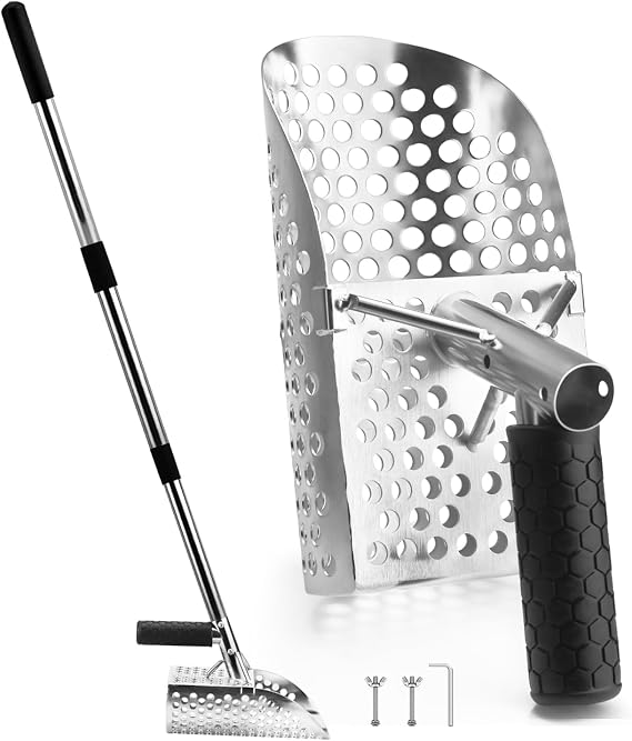 Stainless Steel Sand Scoop for Metal Detecting | Beach & underwater sifter with fast-draining holes. Durable steel scoop, ergonomic handle fits all detectors.