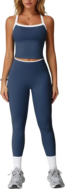 QBGJTD Womens Workout Sets Two Piece Cross Back Tank Top Matching High Waist Leggings Sets Gym Outfits Work Out Clothes