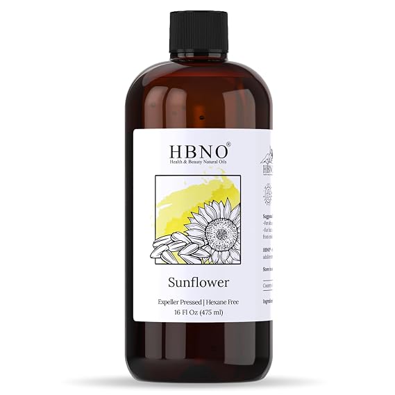 HBNO Sunflower Oil - 16 oz (475ml) Value Size - Ideal for Shampoos, Conditioners, Face wash, Lotions, and Skin care products.