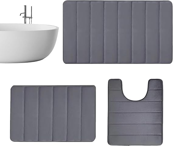 Bathroom Mat Set 3 | Machine Washable 3 Piece Bath Mat & Toilet Pedestal Set Non Slip | Bathroom Rugs Non Slip Washable | Bath Mat 3 Pieces For Shower Floor, Bathmat Accessories Decor