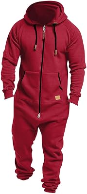 Alalaso Mens Hooded Onesie Jumpsuit Casual Full Zip One-Piece Tracksuit with Pockets Athletic Rompers Adult Jogger Sweatsuits