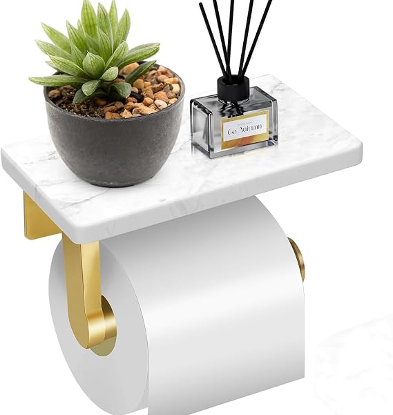 Brushed Gold Toilet Paper Holder with Marble Shelf, DAYELIVE 304 Stainless Steel Wall Mounted Toilet Paper Holder, Tissue Holder Toilet Paper Roll Holder for Bathroom Washroom