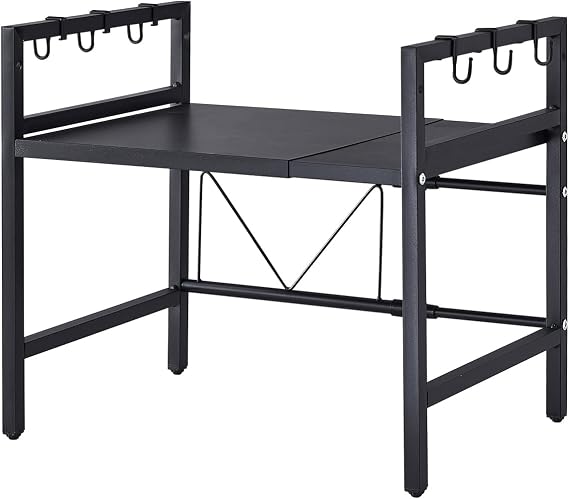 Expandable Microwave Oven Shelf Unit, Kitchen Countertop Microwave Stand with Shelves, Adjustable Kitchen Counter Rack Small Storage Shelving Unit, Desktop Printer Stand (Black, 1-Tier)