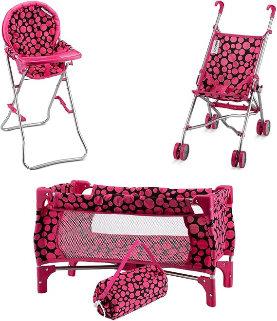 Doll Accessories Gift Bundle Stroller Bed Highchair, Baby Doll Furniture Set, Baby Doll Crib, Doll Stroller, Doll Highchair (Doll Accessories Bundle)
