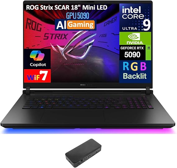 ASUS ROG Strix Scar AI Gaming Laptop 18" 240Hz Mini LED WQXGA Display (Intel Ultra 9-275HX, GeForce RTX 5090 24GB, 64GB DDR5, 2x4TB PCIe SSD (8TB), RGB KB, Win 11 Pro) w/USB-C Dock