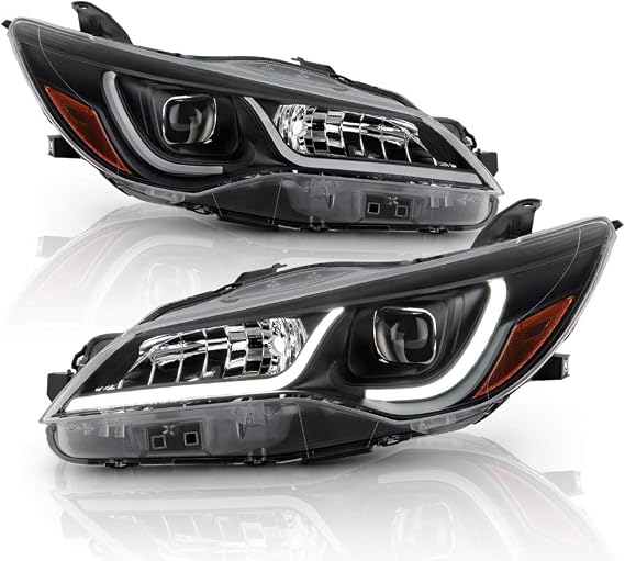 ACANII - For [Halogen Model Only] 2015-2017 Toyota Camry Black Housing LED Tube Projectoe Headlights Headlamps Assembly