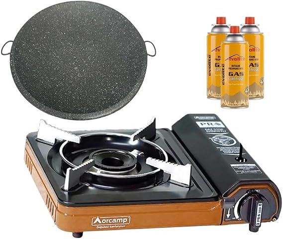 Orcamp Portatif Kamp Ocağı Turuncu + Granit Katmer + 3 Evolite 227 gr Gaz Kartuşu EVO-003-E2