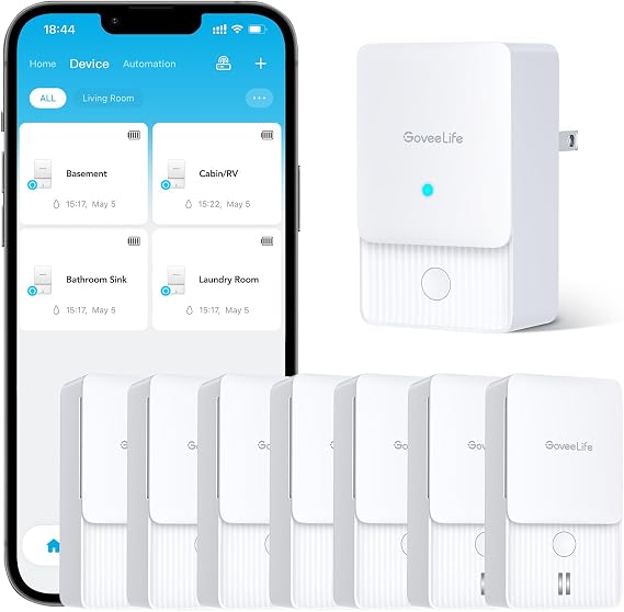 GoveeLife Smart Water Sensor 4 Pack Bundle with Water Detectors 3 Pack, 100dB Adjustable Audio Alarm and Leak & Drip Alerts, Detector for Home, Bedrooms, Basement, Warehouse, Cabin/RV