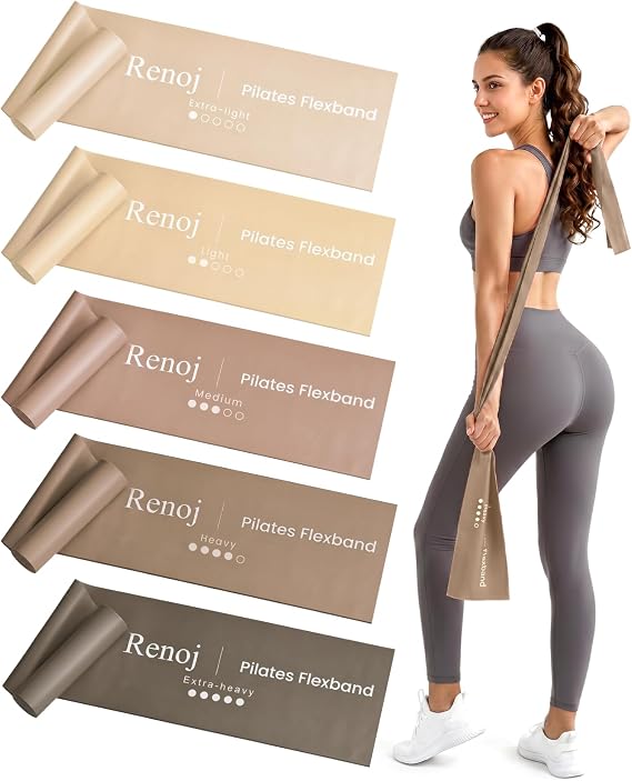 Renoj Pilates Flexbands, 5-Pack Latex-Free Resistance Bands Set Exercise Bands for Pilates, Yoga, Stretching & Physical Therapy | Home Gym Equipment for Women & Men