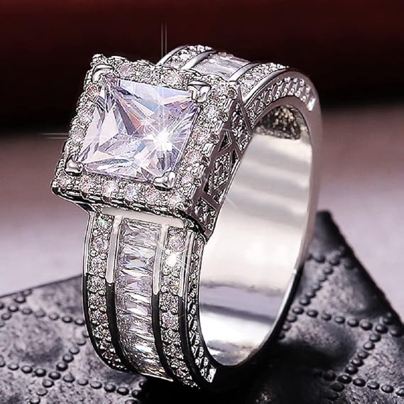 925 Silver Luxury Flash Diamond Wedding Ring Cubic Square Cut Zircon Ring Eternal Love Wedding Engagement Jewelry Women'S Cocktail Jewelry Ring (T1/2)