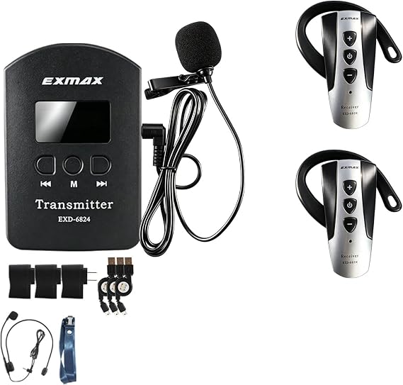 EXMAX EXD-6824 Wireless Audio Tour Guide System Simultaneous Interpreting Kit with 1 Transmitter & 2 Receivers for Church Translation, Training, Meetings, Exhibitions, Industrial Tours,Classroom