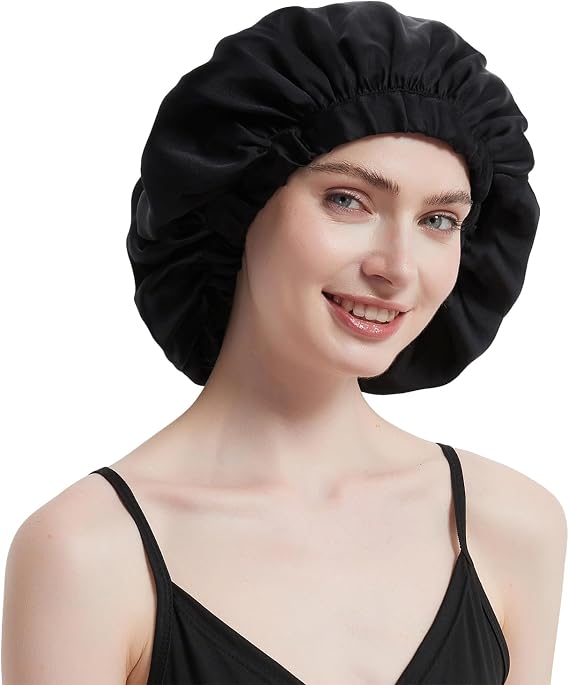 ALASKA BEAR Pure Mulberry Silk Bonnet Sleep Cap Breathable Head Wrap for Natural Curly Hair, Single Layer, Both Sides Silky Smooth w/Adjustable Elastic Band, 25momme Silk, Pitch Black