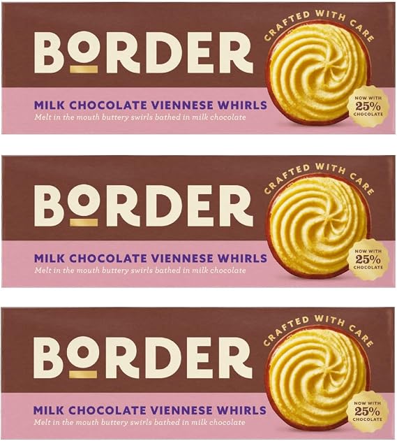 Border Milk Chocolate Viennese Whirls Biscuits 3 x 150g | Buttery Viennese Style Biscuit Swirls Filled with Smooth Milk Chocolate Cream, Classic British Tea Time Treat