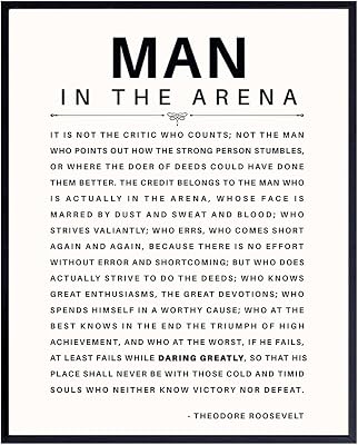 Man in the Arena Quote Poster - 8x10 Motivational Inspirational Teddy Roosevelt Daring Greatly Wall Art Decor - Unique Gift for Men, Boys, Teens, Entrepreneur - For Office, Living Room, Bedroom