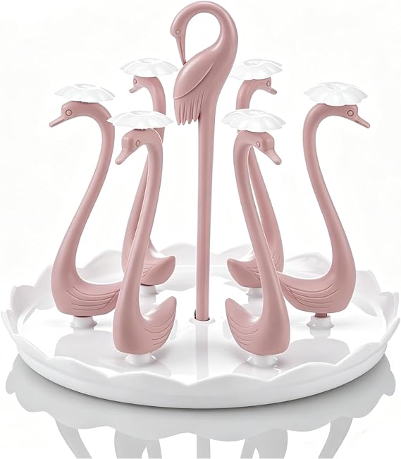 Cup Drying Rack, Bottle Drainer Stand Swan Head Plastic Bag Dryer Rotatable Draining Rack Mug Draining Organizer for Cups Mugs Glass (Pink 6 Heads)