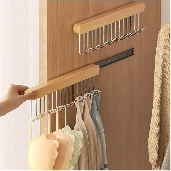 2 Pack Pull Out Belt Hanger for Closet, Wooden Hanger (8 Hooks, Left Pull)