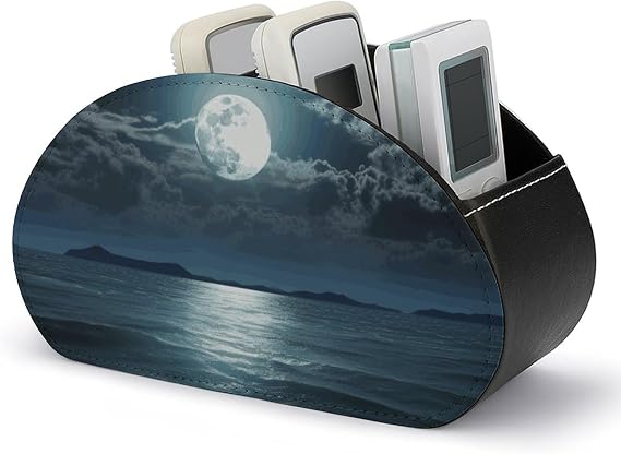 Leather Remote Control Storage Box with 5 Compartments Double Sided Moon And Sea Printed Divided Organizer Store Controller Pen for Bedside Table Office