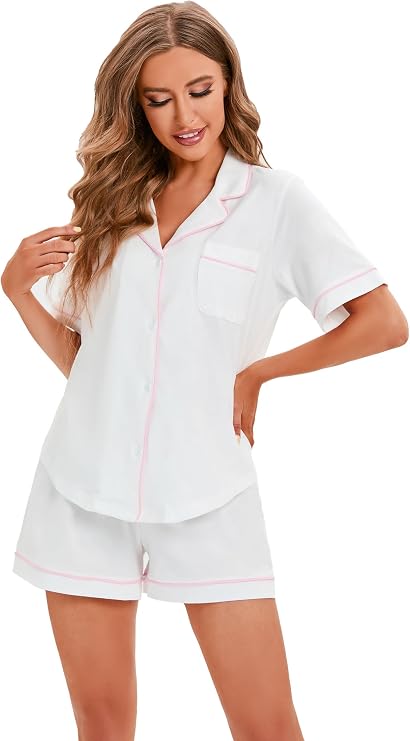 LUBOT 100% Cotton Women's Pajamas Set Short Sleeve Button-Down Shirt PJ Two-piece Shorts Set Summer Night Suit Sleepwear Loungewear (White, 2XL)