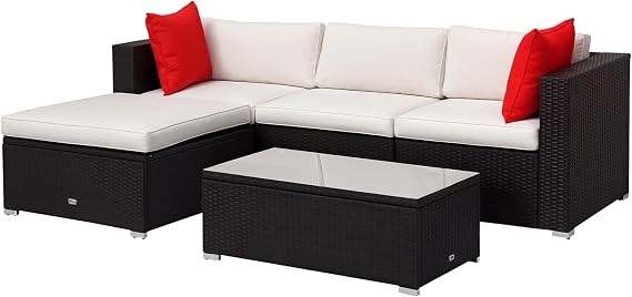 Outsunny 5-Piece Patio Furniture Set with Cushions Brown/Cream White | PE Rattan Wicker Sofa Set, Sectional Furniture with Pillows, Glass Coffee Table, Garden, Backyard,