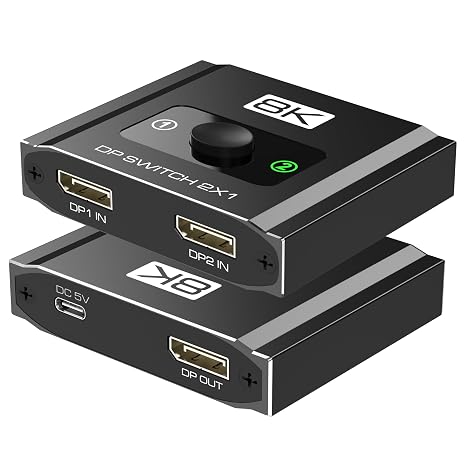Displayport Switch 2-in-1-out, 8K@60Hz, 4K@120Hz, Resolution DP 1.4 DisplayPort Switcher Selector Box, DSC Support, Display Port Switcher Compatible with PC, Laptop, Monitor, Gaming, TV, NVIDIA, AMD