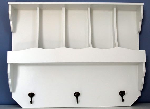 Wall Shelf with Compartments and Hooks in Country House Style White
