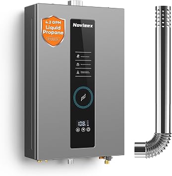 Tankless Water Heater, Novieex On Demand Water Heater Propane Gas, Up to 4.3 GPM, 100000 BTU Instant Hot Water Heater with LED Display, Indoor Installation, 2-4 Point Use for Family Bathroom Kitchen