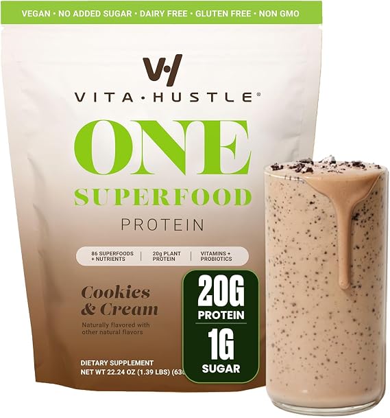 VitaHustle ONE Vegan Protein Powder, Cookies & Cream, 15 Servings