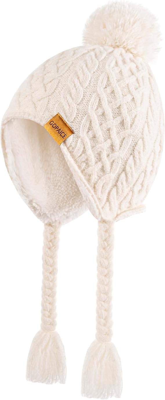 Kids Winter Beanie Hat with Pom Pom, Winter Fleece Lining Skiing Caps with Warm Ear Flap 4-10 Years