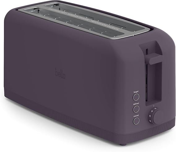 bella 4 Slice Slim Toaster, Fits-anywhereTM Kitchenware, 6 Setting Shade Control with Reheat & Cancel Buttons, Fits Sourdough, 10 Long Slot, Anti Jam & Auto Shutoff, 900 Watt, Plum