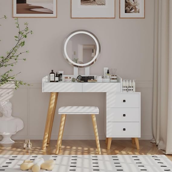 Modern Dressing Table with LED Mirror & Glass Top Extendable Side Table, 5 Storage Drawers, Makeup Vanity Desk with Stool for Bedroom