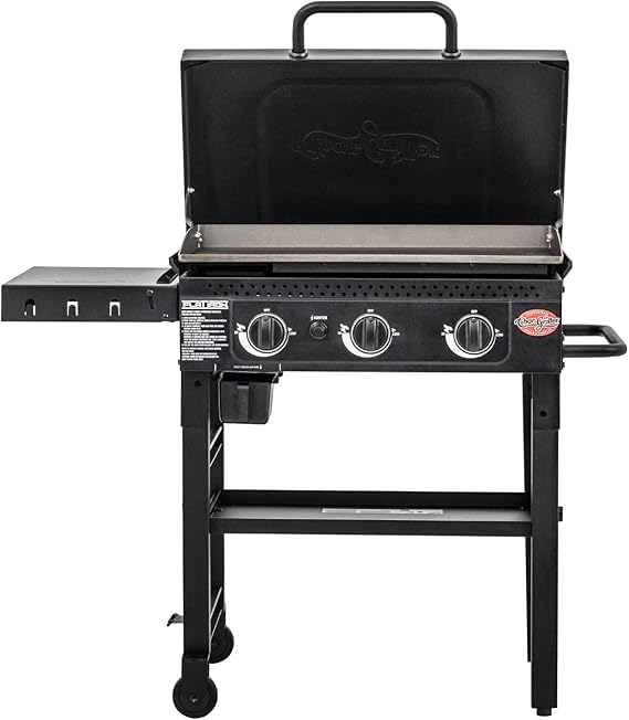 Char-Griller Flat Iron 3-Burner Propane Gas Flat-Top Griddle with Steel Griddle Top, Hinged Lid and Wind Guards, 520 Cooking Square Inches in Black, Model 8428