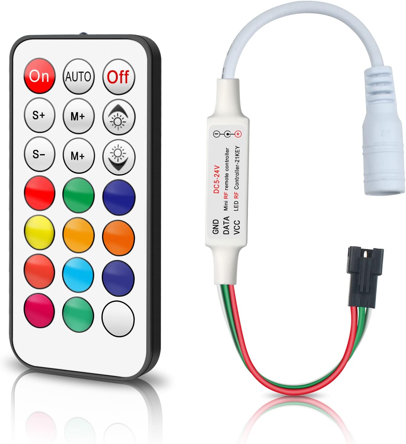 DC 5V/12V/24V RF Wireless Remote LED Controller Addressable Mini LED Controller for WS2812B WS2811 Dream Color LED Pixel Strip Panel Lights 3 Pin JST Connector (21 Buttons)