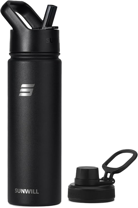 SUNWILL Metal Water Bottle with Straw Stainless Steel, 650ml Insulated Leakproof Thermal Flask for Cold and Hot Drink, Travel, Sports, Gym, Black