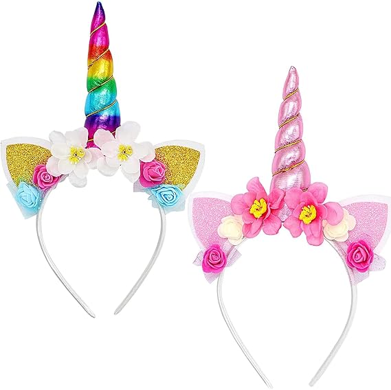2 Pcs Rainbow Unicorn Headband Hair Bands Flower Glitter Ears Photo Props Hair Accessories, Headwear Accessory for Birthday Party Decoration Cosplay Costume 3 years plus