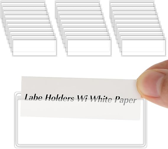 ASTER 30Pcs Self Adhesive Label Holders, Clear Shelf Tag Plastic Drawer Labels Index Card Pockets for Labels with Paper, Self Stick Shelf Label Holder for Supermarket, Bookshelf, Mailbox(3 x 1.3 Inch)